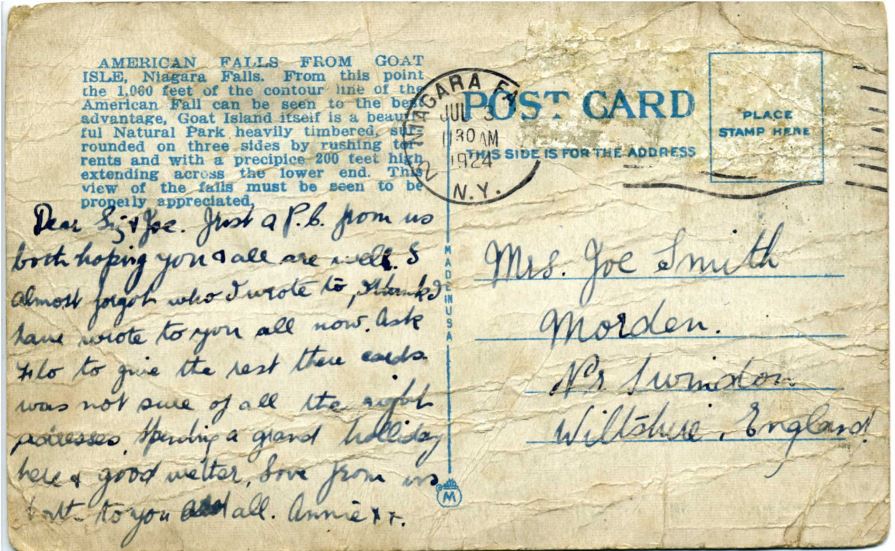 Postcard from Annie to sister Liz from Niagra Falls - back