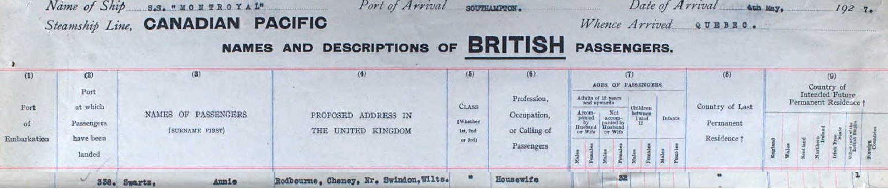 Passenger list S.S. Montroyal 04/05/1927