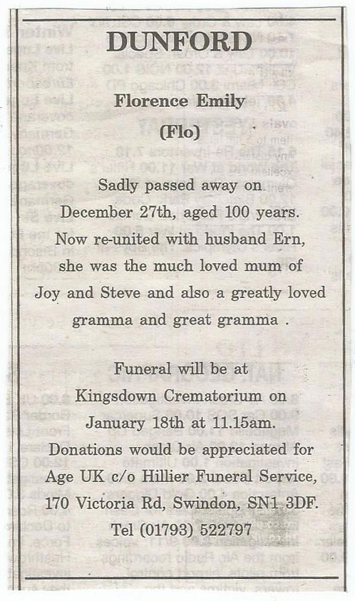 Obituary - Florence Emily Dunford nee West