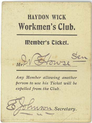 Haydon Wick Workmens Club membership card 1927 rear