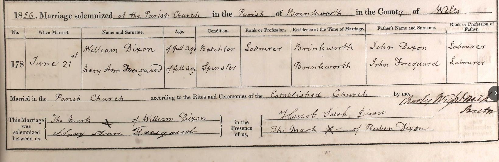 Marriage record. Brinkworth Church 1856